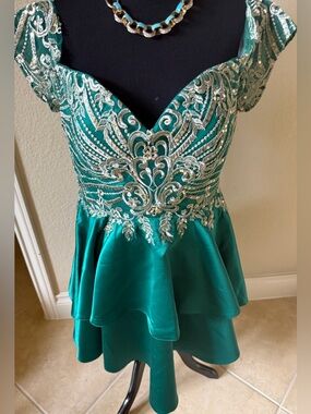 Emerald Green Embroidered Satin Cocktail Dress